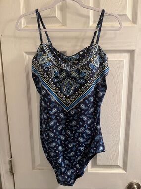 Lands' End Navy Paisley One-Piece Swimsuit with Blue and White Accents